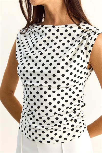 Kadın Degaje Yaka Puantiyeli Yanlardan Büzgü Detaylı Likralı Bluz 6157 60286128 - Ekru-Siyah