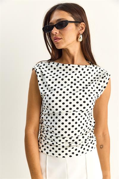 Kadın Degaje Yaka Puantiyeli Yanlardan Büzgü Detaylı Likralı Bluz 6157 60286128 - Beyaz-Siyah