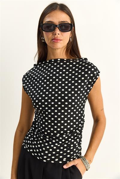 Kadın Degaje Yaka Puantiyeli Yanlardan Büzgü Detaylı Likralı Bluz 6157 60286128 - Siyah-Beyaz
