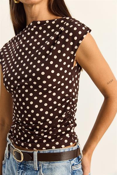 Kadın Degaje Yaka Puantiyeli Yanlardan Büzgü Detaylı Likralı Bluz 6157 60286128 - Kahverengi-Bej