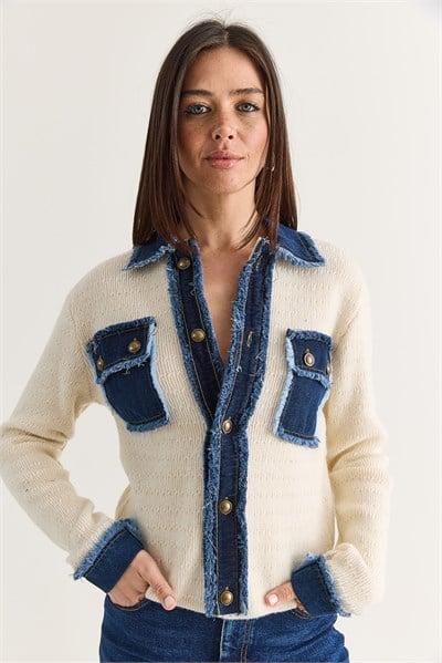 Kadın Denim Detaylı Cepli Düğmeli Polo Yaka Triko Hırka TH261095 60286724 - Krem