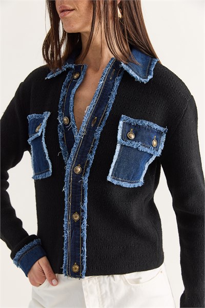 Kadın Denim Detaylı Cepli Düğmeli Polo Yaka Triko Hırka TH261095 60286724 - Siyah