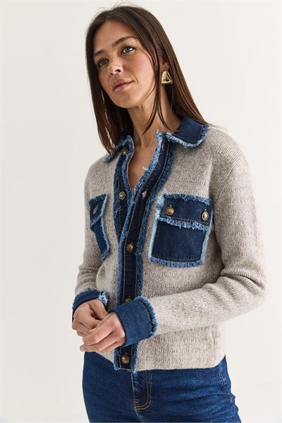 Kadın Denim Detaylı Cepli Düğmeli Polo Yaka Triko Hırka TH261095 60286724 - Bej
