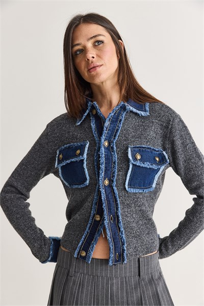 Kadın Denim Detaylı Cepli Düğmeli Polo Yaka Triko Hırka TH261095 60286724 - Antrasit