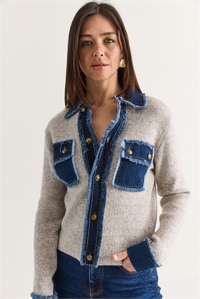 Kadın Denim Detaylı Cepli Düğmeli Polo Yaka Triko Hırka TH261095 60286724 - Bej