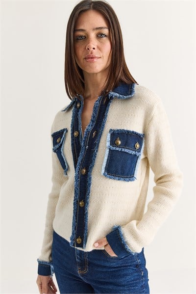 Kadın Denim Detaylı Cepli Düğmeli Polo Yaka Triko Hırka TH261095 60286724 - Krem