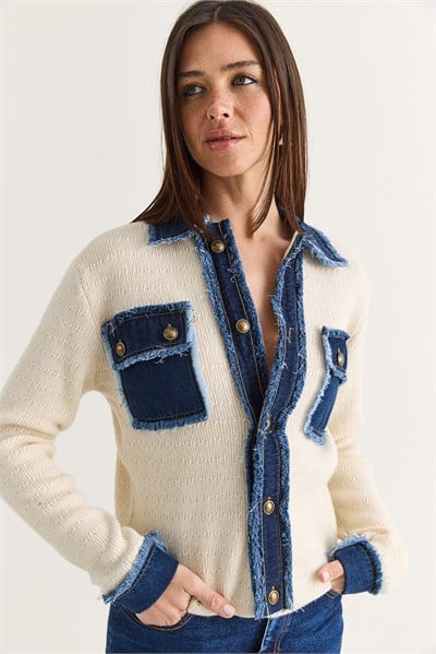 Kadın Denim Detaylı Cepli Düğmeli Polo Yaka Triko Hırka TH261095 60286724 - Krem
