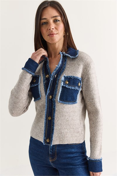 Kadın Denim Detaylı Cepli Düğmeli Polo Yaka Triko Hırka TH261095 60286724 - Bej