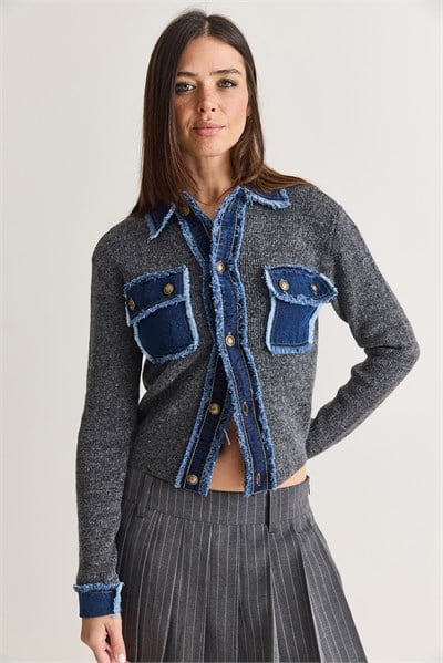 Kadın Denim Detaylı Cepli Düğmeli Polo Yaka Triko Hırka TH261095 60286724 - Antrasit