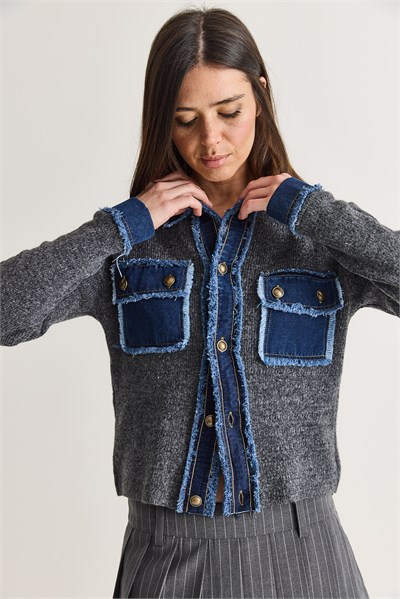 Kadın Denim Detaylı Cepli Düğmeli Polo Yaka Triko Hırka TH261095 60286724 - Antrasit