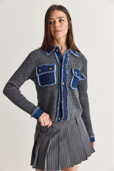 Kadın Denim Detaylı Cepli Düğmeli Polo Yaka Triko Hırka TH261095 60286724 - Antrasit