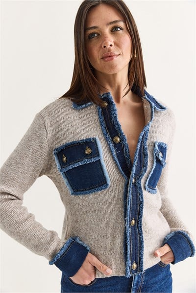 Kadın Denim Detaylı Cepli Düğmeli Polo Yaka Triko Hırka TH261095 60286724 - Bej