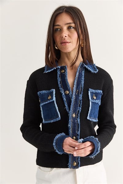 Kadın Denim Detaylı Cepli Düğmeli Polo Yaka Triko Hırka TH261095 60286724 - Siyah