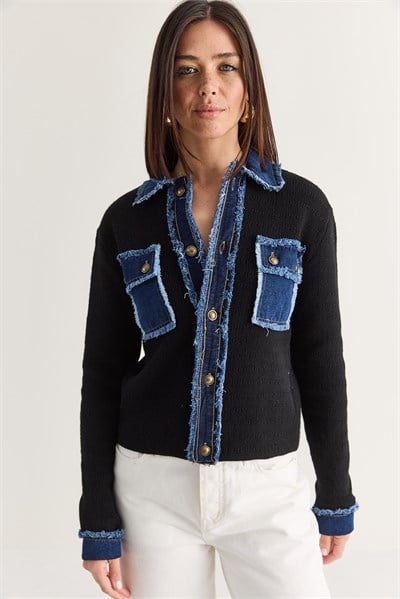 Kadın Denim Detaylı Cepli Düğmeli Polo Yaka Triko Hırka TH261095 60286724 - Siyah