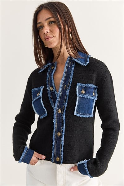 Kadın Denim Detaylı Cepli Düğmeli Polo Yaka Triko Hırka TH261095 60286724 - Siyah