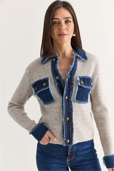 Kadın Denim Detaylı Cepli Düğmeli Polo Yaka Triko Hırka TH261095 60286724 - Bej