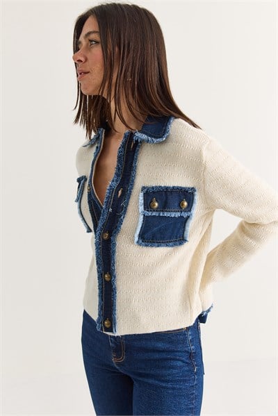 Kadın Denim Detaylı Cepli Düğmeli Polo Yaka Triko Hırka TH261095 60286724 - Krem