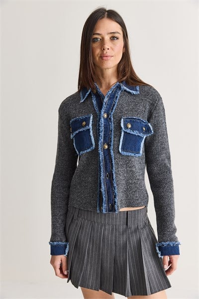 Kadın Denim Detaylı Cepli Düğmeli Polo Yaka Triko Hırka TH261095 60286724 - Antrasit