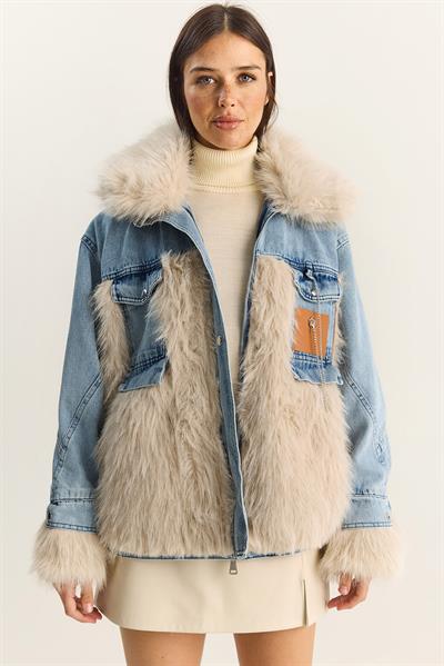 Kadın Denim Garnili Astarlı Suni Kürk Ceket 2726 60281134 - Mavi-Bej