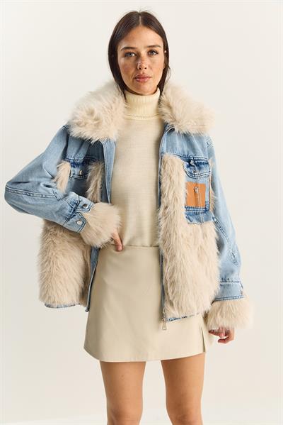 Kadın Denim Garnili Astarlı Suni Kürk Ceket 2726 60281134 - Mavi-Bej