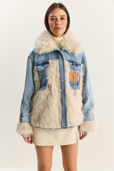 Kadın Denim Garnili Astarlı Suni Kürk Ceket 2726 60281134 - Mavi-Bej