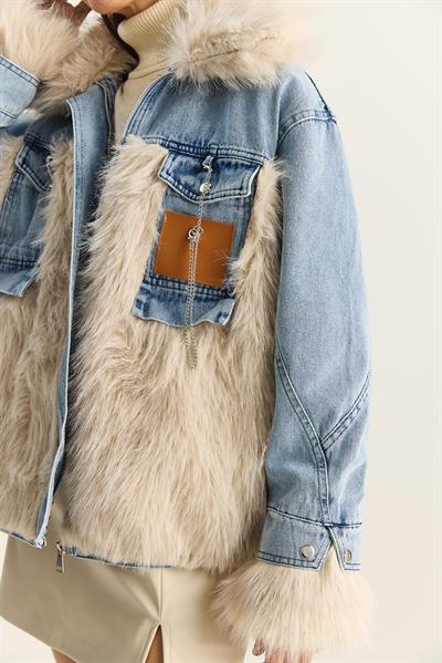 Kadın Denim Garnili Astarlı Suni Kürk Ceket 2726 60281134 - Mavi-Bej
