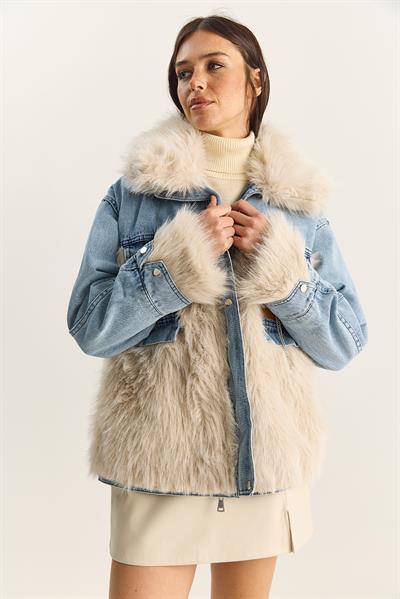 Kadın Denim Garnili Astarlı Suni Kürk Ceket 2726 60281134 - Mavi-Bej
