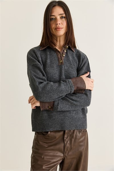 Kadın Denim Garnili Polo Yaka Düğme Detaylı Oversize Triko Kazak TK251099 60286683 - Antrasit