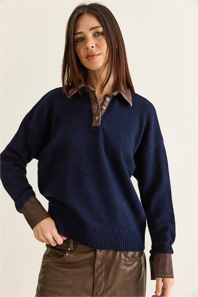 Kadın Denim Garnili Polo Yaka Düğme Detaylı Oversize Triko Kazak TK251099 60286683 - Lacivert