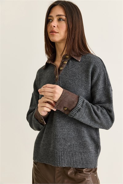 Kadın Denim Garnili Polo Yaka Düğme Detaylı Oversize Triko Kazak TK251099 60286683 - Antrasit