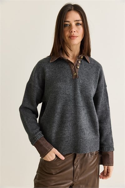 Kadın Denim Garnili Polo Yaka Düğme Detaylı Oversize Triko Kazak TK251099 60286683 - Antrasit