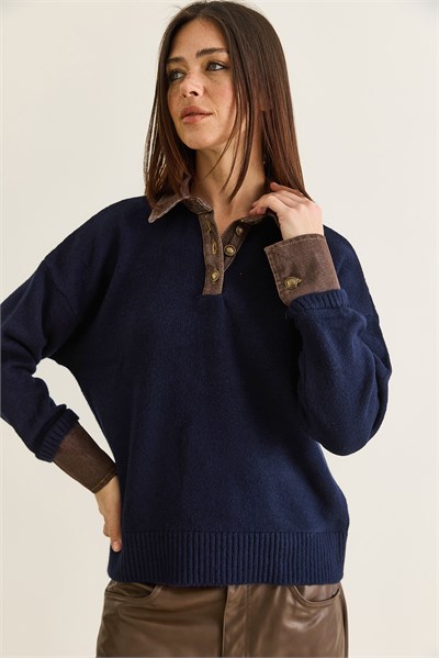 Kadın Denim Garnili Polo Yaka Düğme Detaylı Oversize Triko Kazak TK251099 60286683 - Lacivert