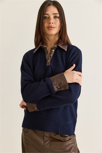 Kadın Denim Garnili Polo Yaka Düğme Detaylı Oversize Triko Kazak TK251099 60286683 - Lacivert