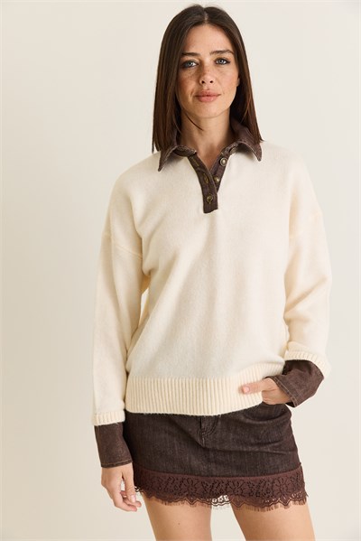 Kadın Denim Garnili Polo Yaka Düğme Detaylı Oversize Triko Kazak TK251099 60286683 - Ekru