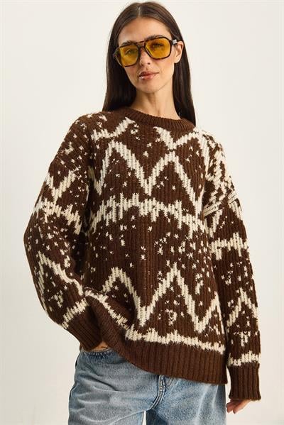 Kadın Desenli Bisiklet Yaka Oversize Triko Kazak 60283826 - Kahverengi-Krem