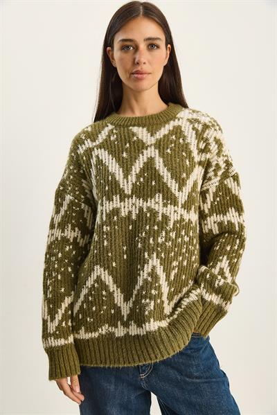 Kadın Desenli Bisiklet Yaka Oversize Triko Kazak 60283826 - Çağla Yeşili
