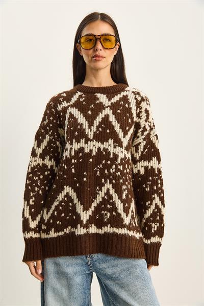 Kadın Desenli Bisiklet Yaka Oversize Triko Kazak 60283826 - Kahverengi-Krem