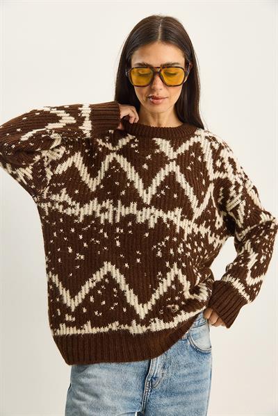 Kadın Desenli Bisiklet Yaka Oversize Triko Kazak 60283826 - Kahverengi-Krem