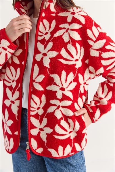 Kadın Desenli Cep Detaylı Biyeli Fermuarlı Polar Sweatshirt 850 60286644 - Kırmızı-Ekru