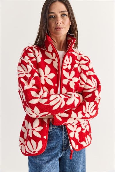 Kadın Desenli Cep Detaylı Biyeli Fermuarlı Polar Sweatshirt 850 60286644 - Kırmızı-Ekru
