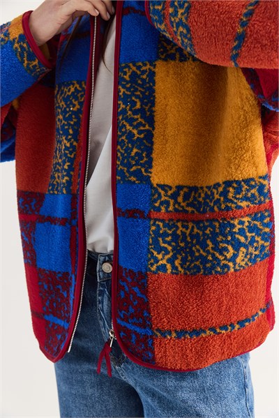Kadın Desenli Cep Detaylı Biyeli Fermuarlı Polar Sweatshirt 850 60286644 - Bordo-Mavi