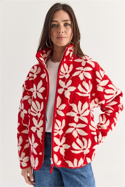 Kadın Desenli Cep Detaylı Biyeli Fermuarlı Polar Sweatshirt 850 60286644 - Kırmızı-Ekru