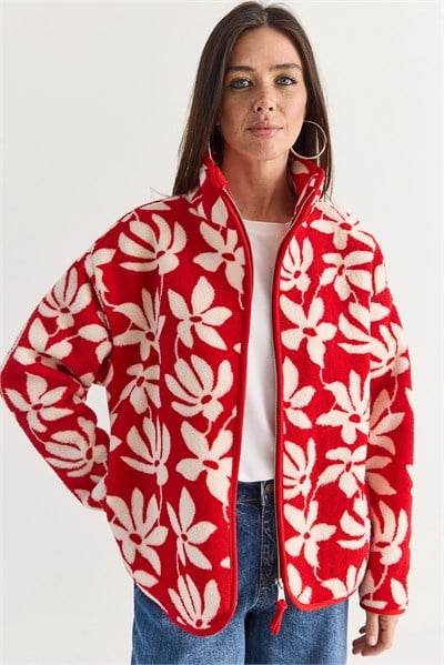 Kadın Desenli Cep Detaylı Biyeli Fermuarlı Polar Sweatshirt 850 60286644 - Kırmızı-Ekru