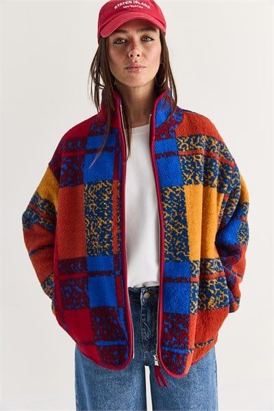 Kadın Desenli Cep Detaylı Biyeli Fermuarlı Polar Sweatshirt 850 60286644 - Bordo-Mavi