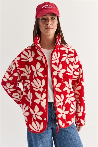 Kadın Desenli Cep Detaylı Biyeli Fermuarlı Polar Sweatshirt 850 60286644 - Kırmızı-Ekru