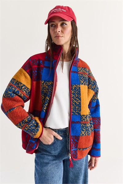 Kadın Desenli Cep Detaylı Biyeli Fermuarlı Polar Sweatshirt 850 60286644 - Bordo-Mavi
