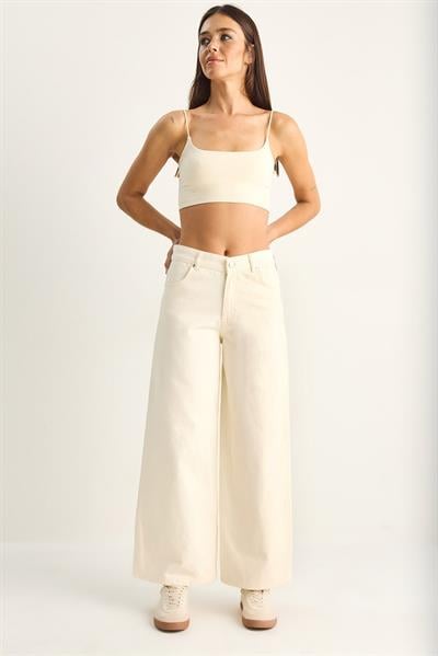 Kadın Desenli Cep Detaylı Yüksek Bel Wide Leg Denim Pantolon 60282059 - Krem