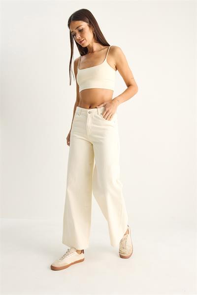 Kadın Desenli Cep Detaylı Yüksek Bel Wide Leg Denim Pantolon 60282059 - Krem