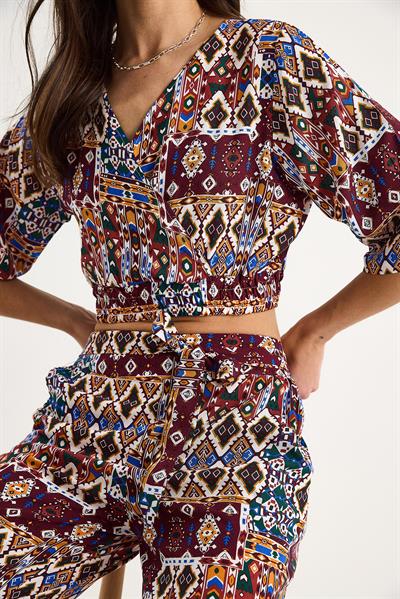 Kadın Desenli Crop Bluz Pantolon Takım 3052 60283353 - Bordo