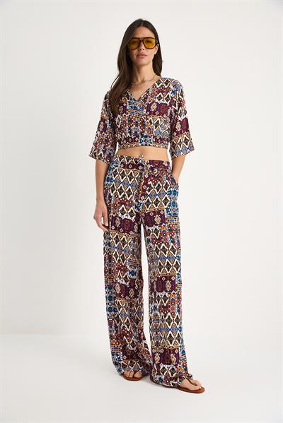Kadın Desenli Crop Bluz Pantolon Takım 3052 60283353 - Bordo